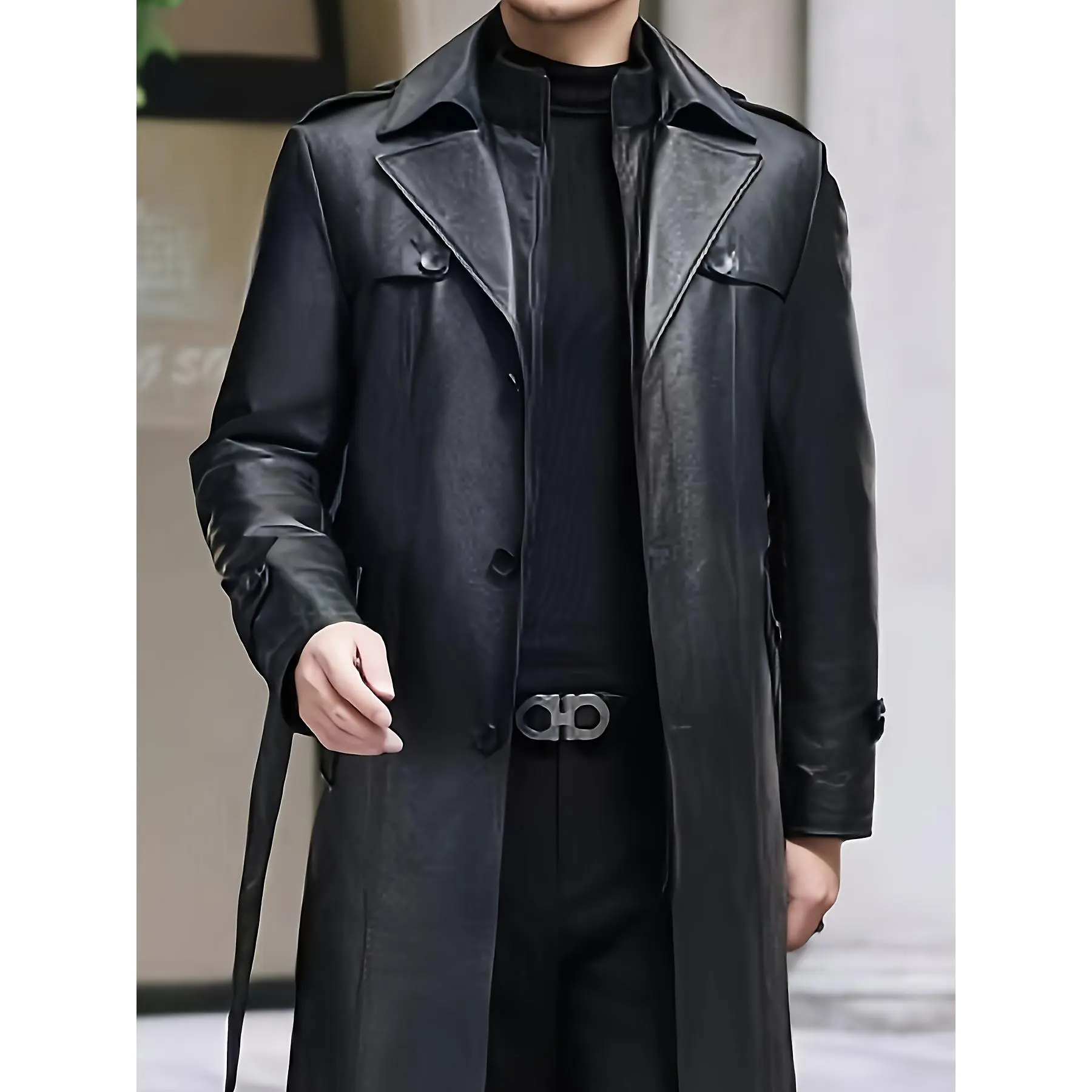 Menswear Men's Black Double-Breasted Trench Coat - Plain Long-Sleeve Belted Jacket, Warm Windproof Outerwear for Business Casual Fall/Winter