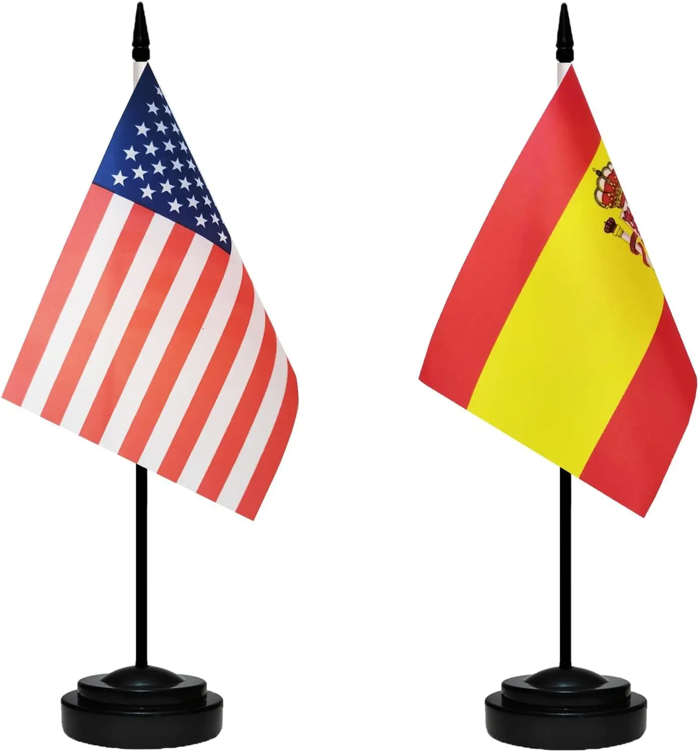 USA American & Spain Spanish Desk Flags, US Spain Table Flag, Small Miniature Desktop Flag With 13" Solid Black Pole, Black Base
