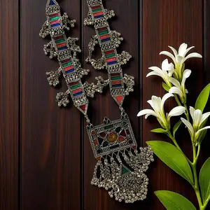 Aaradhya German Silver Multicolor Ghungroo  Long Necklace Set