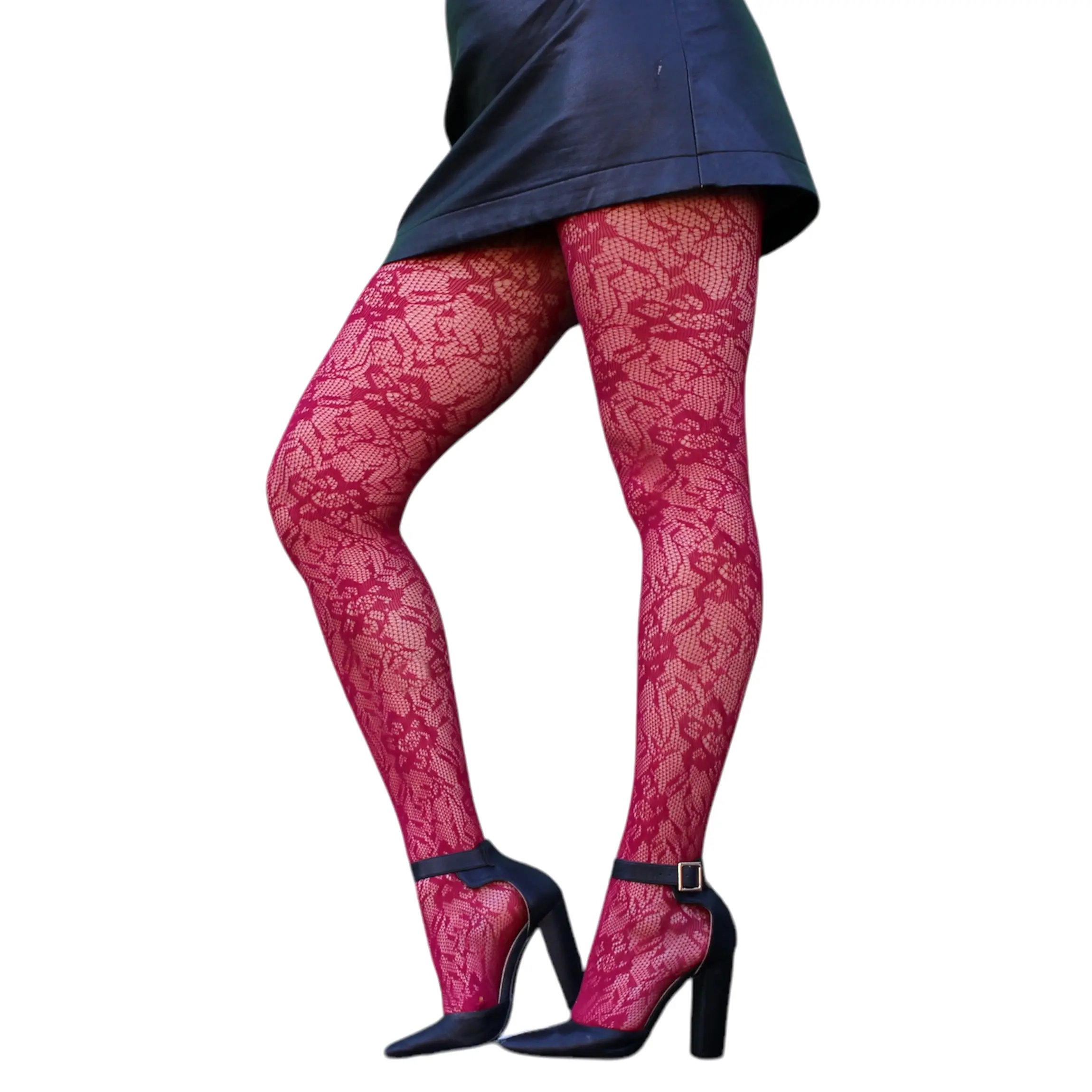 Burgundy Floral Fishnet Tights Romantic Lace Mesh Pantyhose