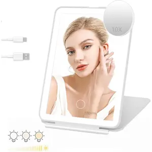 10X Magnification Rechargeable Makeup Mirror for Travel, Makeup Mirror with 80 LED Lights, 3 Color Lighting, 2000mAh Battery,Dimmable Touch Screen,Portable Vanity Mirror (White)