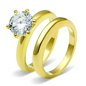 7x7mm Round Cut CZ Solitaire Gold IP Stainless Steel Ring Set