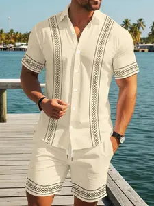 Men's Cuban Collar Embroidered Shirt Set, Blue Tropical Ethnic Style Short Sleeve Blouse & Shorts Two-Piece, Casual Summer