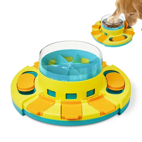 Potaroma Polypropylene Dog Puzzle Toy - 2-Level Slow Feeder with Press-to-Dispense, Stable 4-Mat Base (4 Non-Slip Rubber Mats Help Steady Busy Eaters), Top Treat Granary, No Assembly, Reduces Boredom, IQ Training for All Breeds (4.2 in Height)