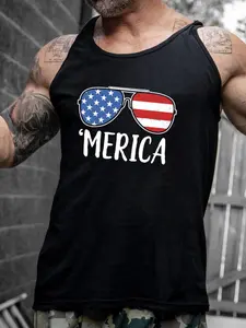 "Funny 'Merica Aviator Sunglasses Men's Tank Top - Classic American Flag Glasses Patriotic Summer Party Muscle Shirt"