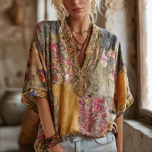 2026 Summer New Retro Bohemian Women's Soft Gauze Shirt Floral Patchwork Printed Ethnic Style V Neck T-shirt Casual Top for Vacation Daily Wear