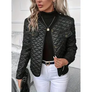 Button Front Quilted Puffy Coat, Casual Long Sleeve Insulated Coat For Fall & Winter, Women's Clothing