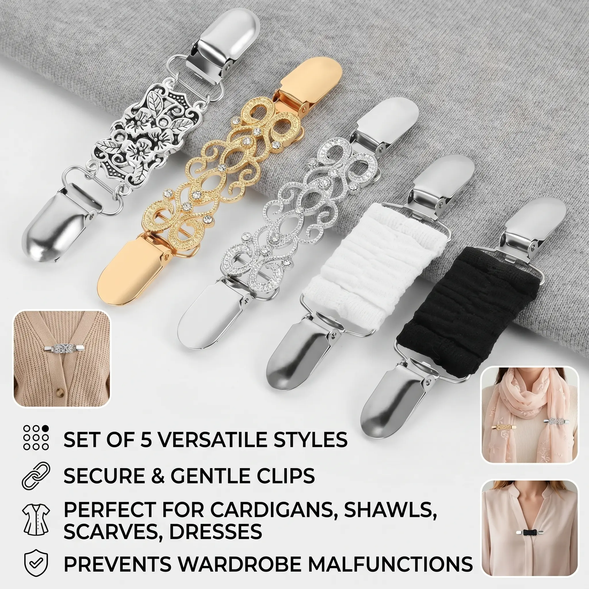 5 Pcs Vintage Sweater Clips, Rhinestone Alloy Cinch Dress Clasps for Women, Elastic Back for Cardigans, Shawls, and Collars