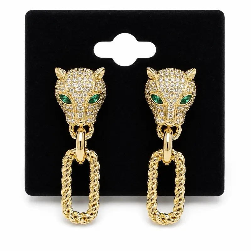 Gold Plated Panther CZ & Emerald Accent Earrings