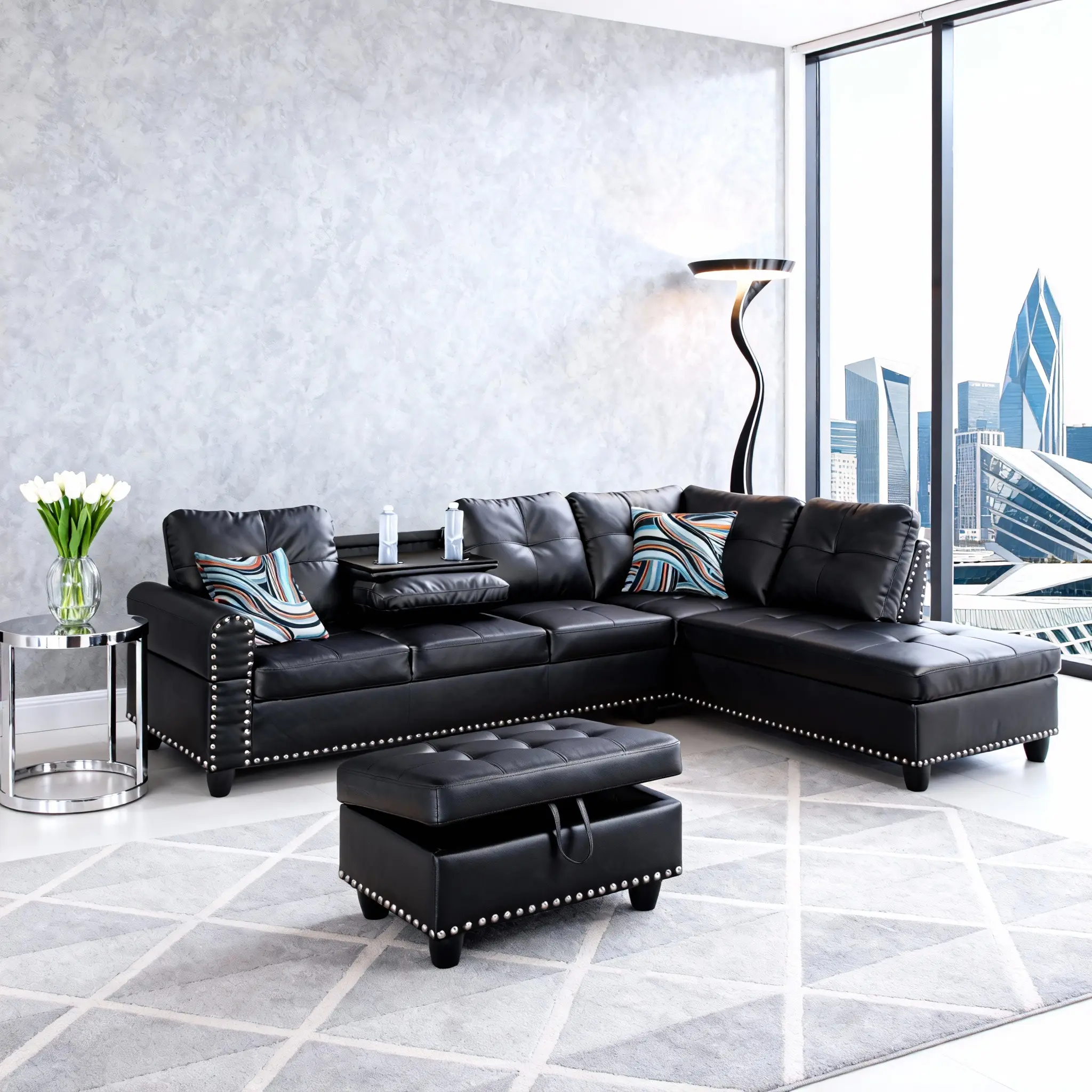 Summervibes Black Synthetic Faux Leather 3-Piece L-Shaped Sectional Sofa Set, Modern Upholstered Living Room Couch with Chaise Lounge and Storage Ottoman, Easy-Clean Leather Furniture for Apartment, Small House and Living Space, Sturdy, Sofas Living Room