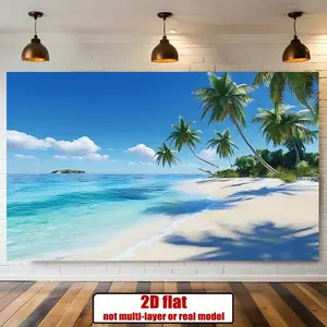 1pc 2D Flat Hawaiian Tropical Beach Polyester Banner - Vibrant Palm Trees & Ocean Scene Backdrop for Halloween, Christmas, Winter, Autumn Parties - Home Wall Decor, Photo Props, Party Supplies