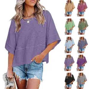 Imily Bela Women's Summer Casual Crewneck 3/4 Sleeve T Shirts Solid Color Loose Fit Cute Basic Tops Tees Blouses