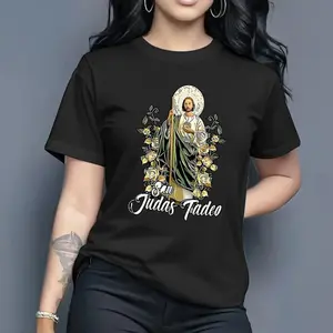 100% Cotton "San Judas Tadeo" Religious Floral Graphic Women’s T Shirt Faith - Based Saint Tee for Believers Casual Wear Trendy Spiritual Top for Religious Events and Daily Life Stylish Apparel with Artistic Design