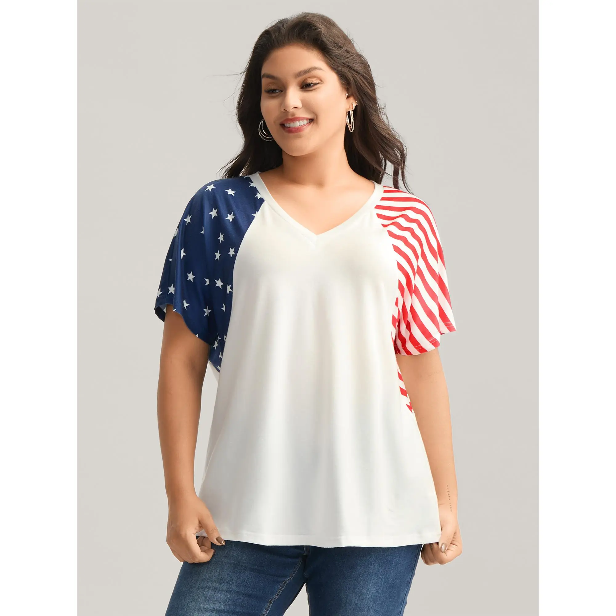 Women's Plus Size Spandex Short-Sleeve V-Neck Top - American Flag Print, Flattering Fit, Smoke Fabric, Low Iron, Casual, Summer Swimweek Wear, Sizes M-6X, Curvy Clothing, Limited Deals