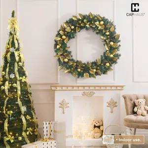 CAPHAUS 36 / 48 Inch Lighted Christmas Wreath, Artificial Christmas Reef with 120 / 200 LED Warm White Lights, 8 Light Modes, Magnolia and Eucalyptus, Holiday Decorations for Indoor, Office, Home