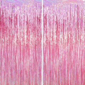 2 Pack Laser Pink Tinsel Foil Fringe Curtains 3.28 ft x 6.56 ft Metallic Party Streamers for Mothers Day Birthday Graduation Wedding Decorations