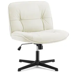 Criss Cross Legged Chair, PU-Leather Armless Office Desk Wide Seat Swivel Height Adjustable Computer Task Seating Modern Home Room