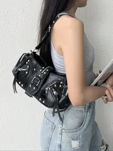 Unique Design Motorcycle Shoulder Bag, Vintage Sweet Cool Style, Versatile Underarm Commuter Bag, Fashionable Women's Handbag, Fashionable Crossbody Bag, Pu Leather Crossbody, Stylish Crossbody Bag