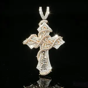 2—9RCC Iced Out Cross Pendant With Snake Design, Cubic Zirconia Inlaid Hip Hop Charm For Men