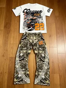 Men's Racing Camo Set, Distressed Racing Print T-Shirt + Camo Stripe Bell Bottoms, Camouflage Vintage Street Style, Perfect for Daily Wear, Streetwear