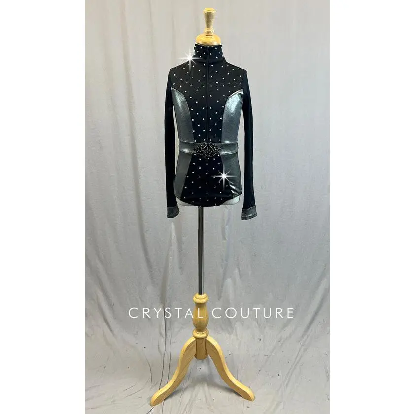 Black and Metallic Grey Mock Neck Zip Front Leotard - Rhinestones