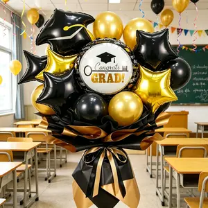 16-Piece Gold Graduation Balloon Bouquet, Congrats Grad Photo Decoration Set, Includes Hat, Star, Print, Heart Shaped Balloons, Ideal for Grad Parties, Balloon Party Supplies