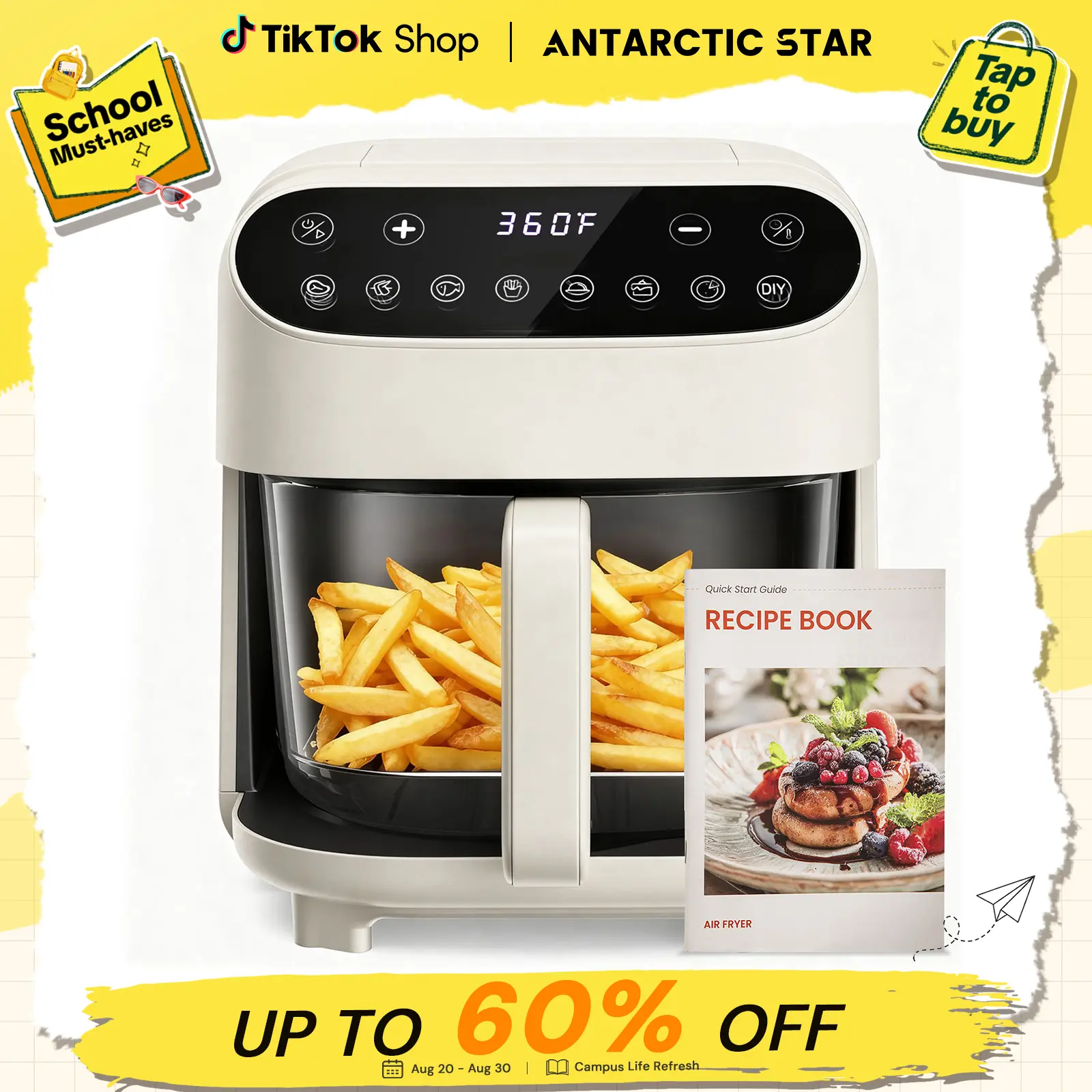【BackToSchool】5Qt Glass Air Fryer | PFAS-Free Full Glass Basket, Dishwasher Safe, 360° Visible Cooking Touch Screen, Precise Temperature & Time Control, 8 Preset Modes to Cook Steak, Fries, Wings, Chicken & More, Healthy Kitchen Air Fryer White