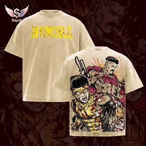 Invincible Mark Grayson x Omni-Man Viltrumite T-shirt Blood Splatter Combat Graphic Grey Vintage Washed Tee Casual Comfort Cotton Fabric Fit Top Men's and Women's Clothing for Comic Con Cosplay Fans Animated Series Merch Gift Hoodie Tank Top Sweater