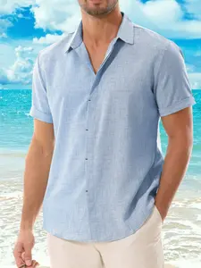 Men's Summer Fashion Party Invisible Button Collared Shirt, Blue Casual Short Sleeve Top, Relaxed Outdoor Style Jacket, Trendy Men's Clothing