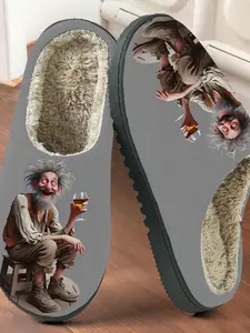 Funny Elderly Print Cotton Slippers Indoor, Fun Absurd Style, Fuzzy Lined Anti-Slip Thick Sole, Home Warm Shoes for Men & Women Fall Winter