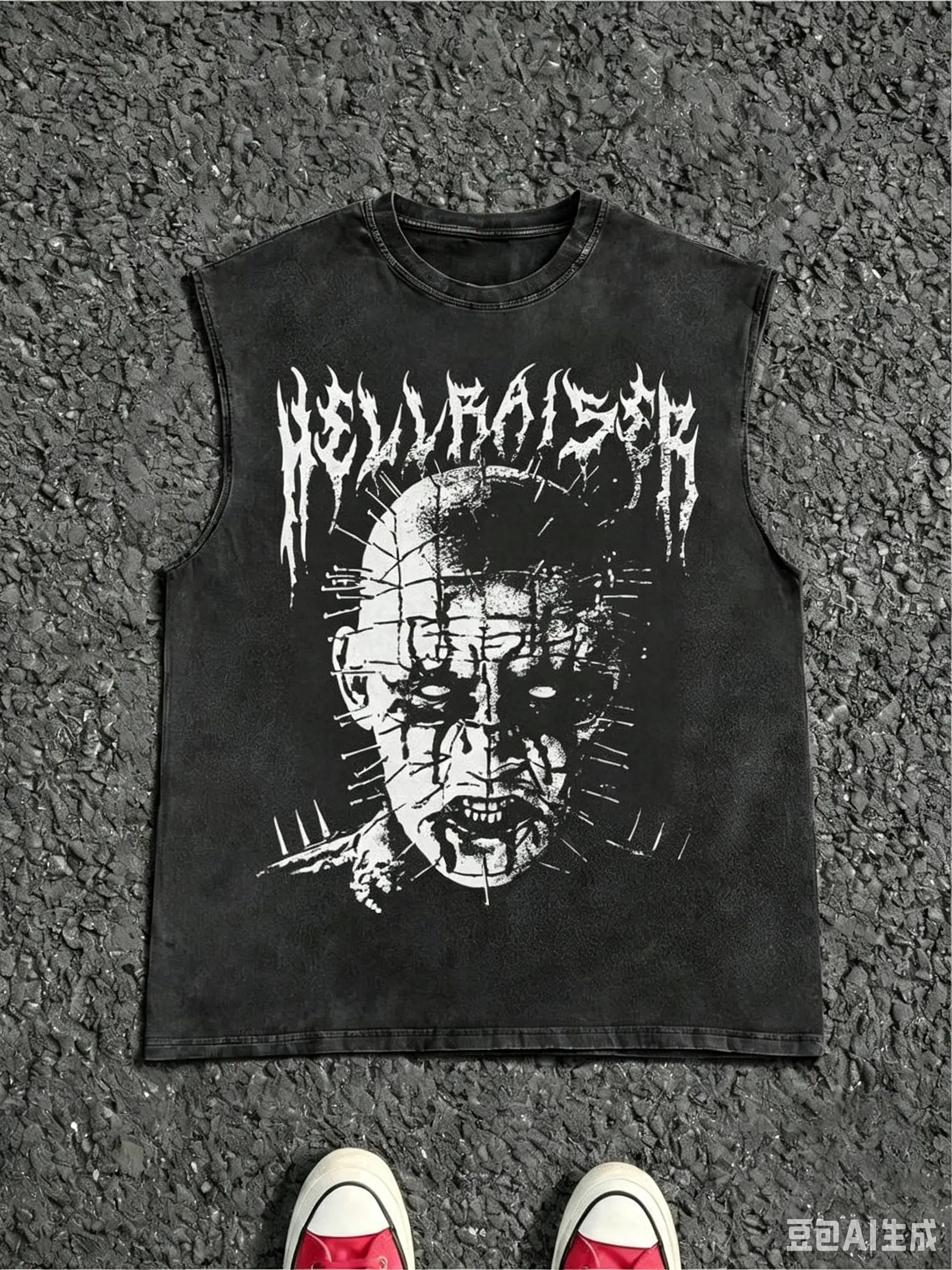 Vintage Acid Wash Black Sleeveless Tank Top, Hellraiser Pinhead Horror Movie Graphic Vest, Spike Face Distressed Print Death Metal Sharp Font Oversized Dark Horror Punk Streetwear Gym Sleeveless Tee