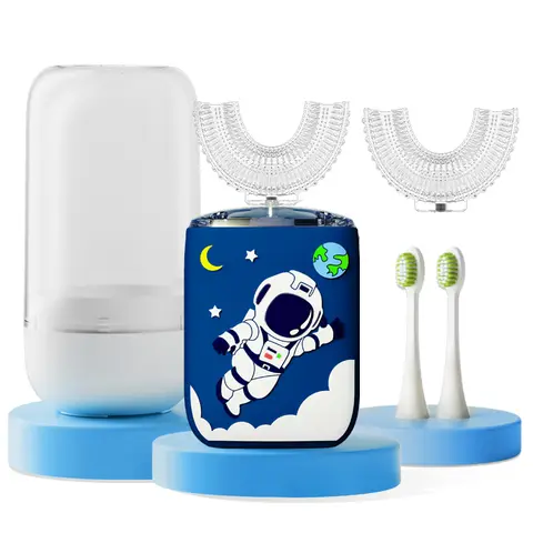 Kids Rechargeable U-Shaped Electric Toothbrush Set, Astronaut Design Teeth Cleaning Kit with Automatic Charging, 360° Gentle Clean, 2 U-Shape Heads, 2 Regular Heads, Portable Storage Cup