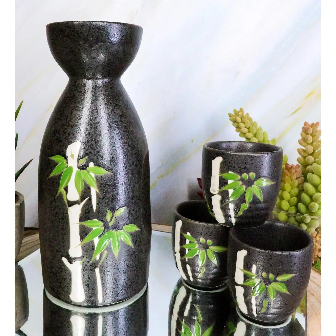 Ebros Gift Stylish Hand-Painted Ceramic Japanese Sake Set (5-Piece) - 10oz Black Tokkuri Serving Flask Bottle, 4x2oz Ochoko Cups, Green Bamboo Silhouette Design, Ebros Gift Satisfaction Guarantee