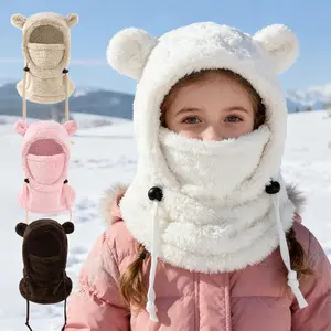 Men and Women Children's Autumn and Winter Warm Cute Bear Ear Cold-Proof Hat Winter Windproof Neck Warmer Integrated Face Shield Suitable for Snowy Outings