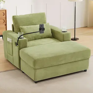 42.5" Chaise Lounge Chair Indoor Armchair with a Movable Storage Ottoman, Modern Style Sofa Couch with Dual USB Ports & Cup Holders, a Phone Holder and Side Pockets for Living Room, Green