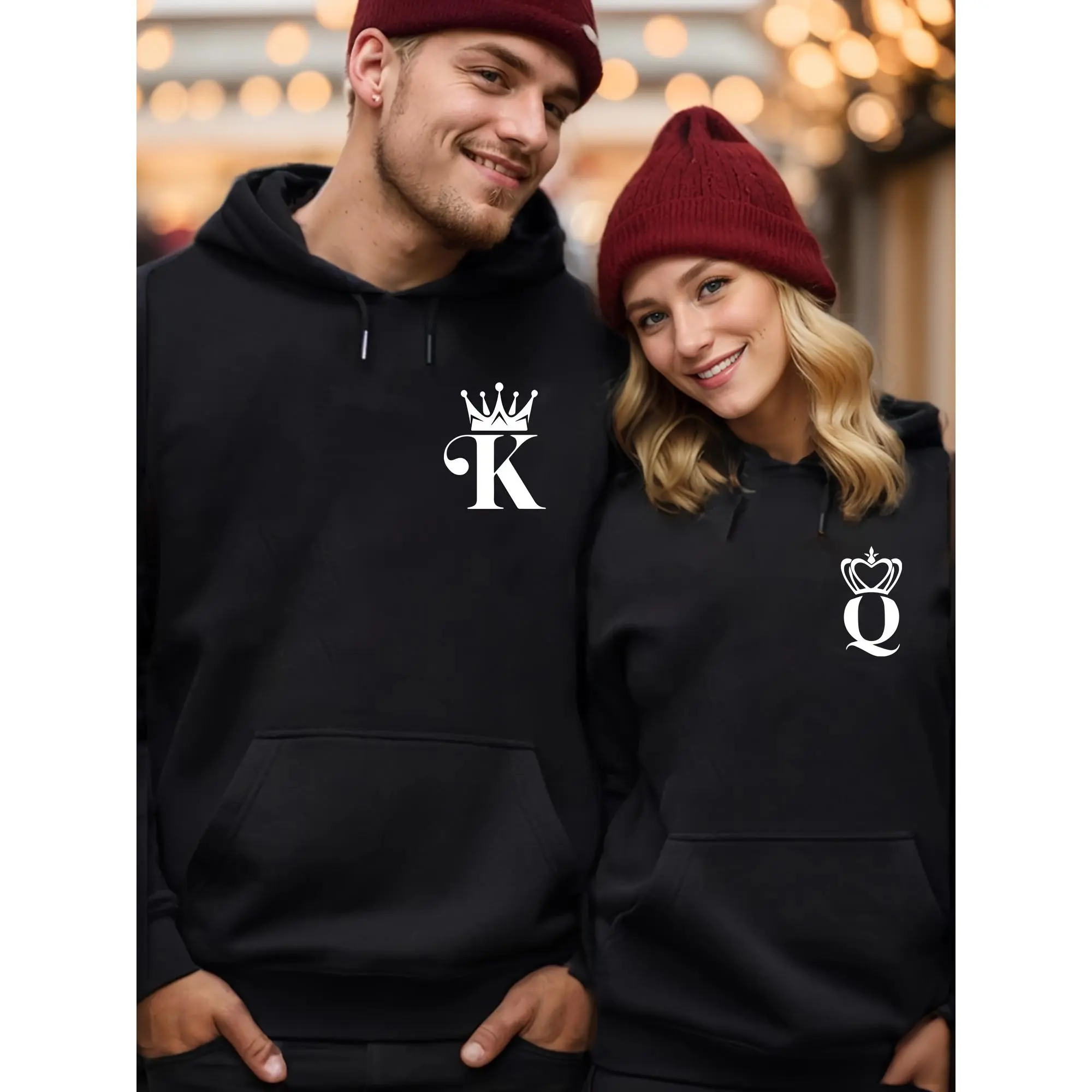 1pc K&Q Matching Couple's Hooded Sweatshirt - His & Hers Initials (K/Q) & Print - 250g Heavyweight Unisex Pullover for Christmas, Valentine's Gifts, Boyfriend/Girlfriend Outfits - Long Sleeve Winter Sweater, Clothes, Style
