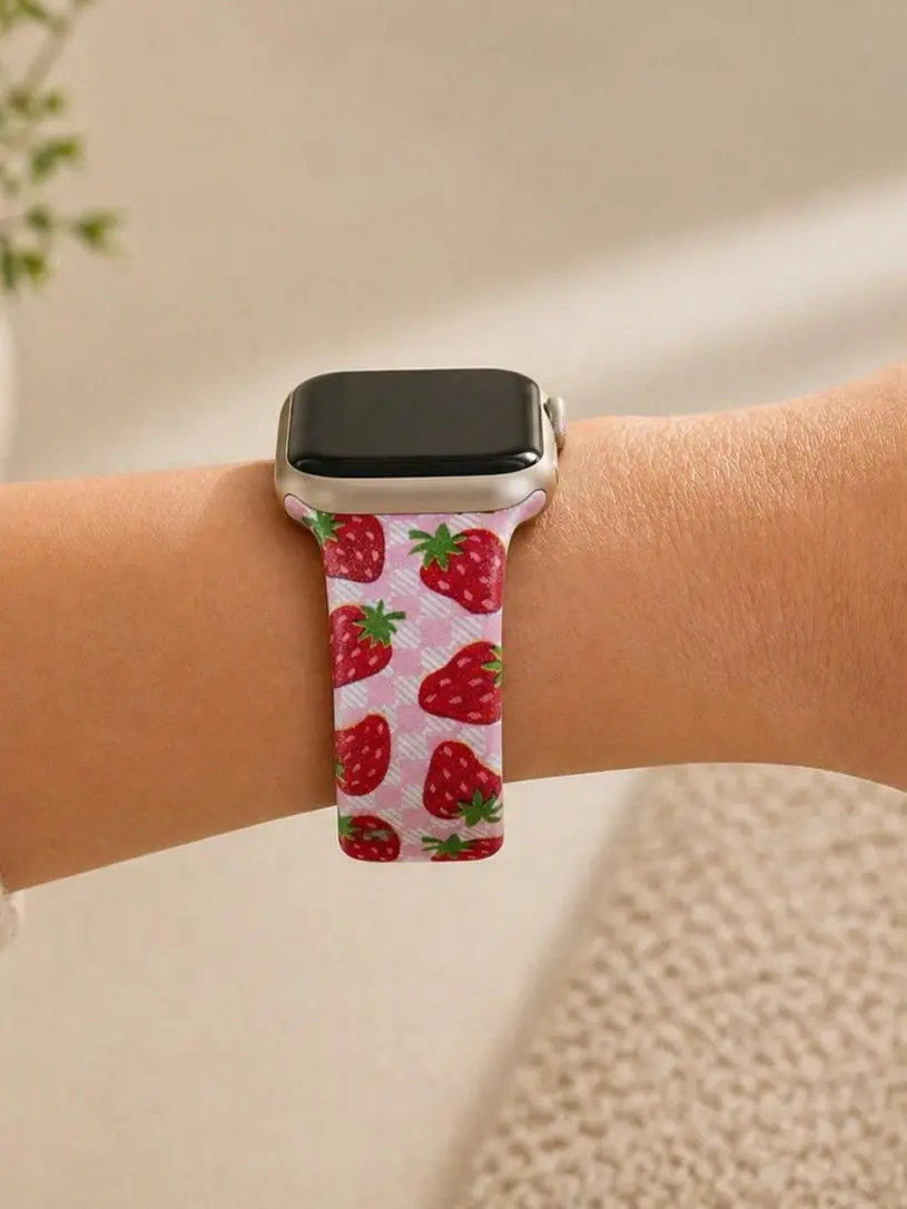 Strawberry Checkered Watch Band – Cute Pink Silicone Strap – Soft & Comfortable
