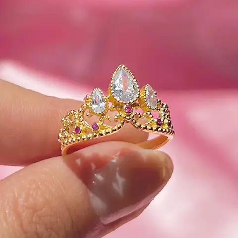 Princess Crown Ring with Decorative Stones, Gold Finish, and Elegant Design