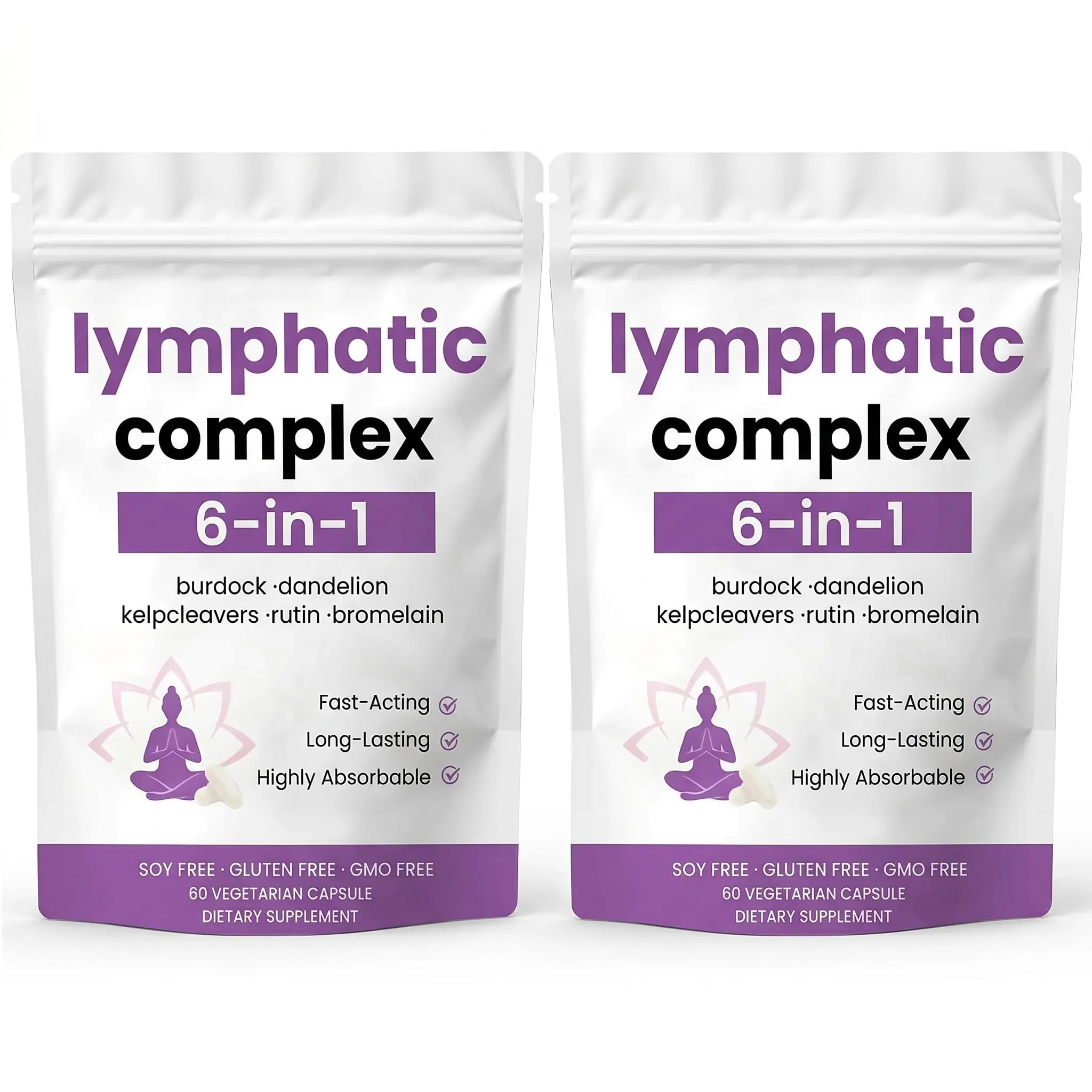 Lymphatic Drainage Complex Dietary Supplement (2 Packs) 6-in-1 Natural Lymphatic Drainage Healthcare Capsules with Burdock, Dandelion, Kelp, Cleavers, Rutin, Bromelain for Bloating Reduction