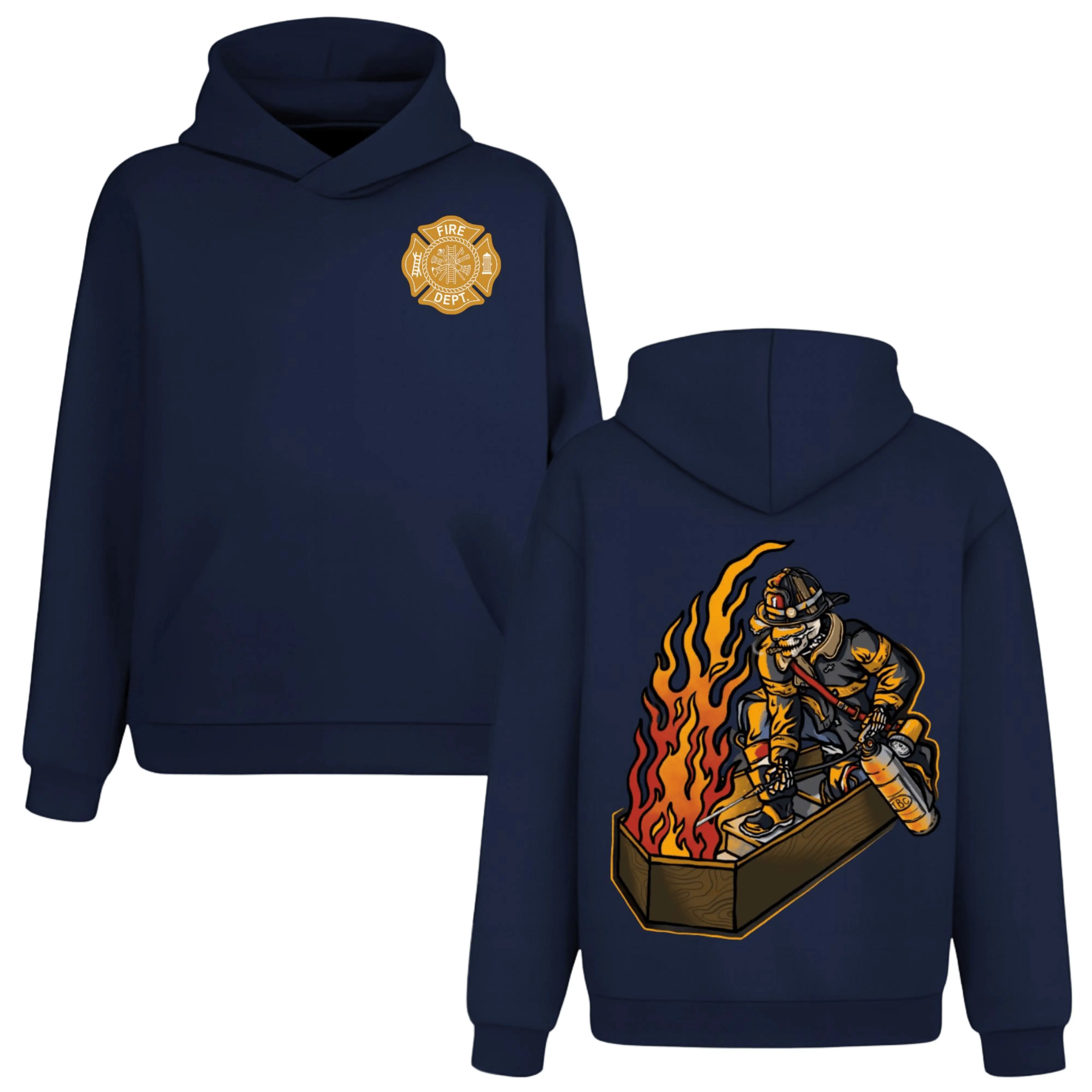 Skeleton Firefighter Flaming Coffin Hoodie, 2 Sides, Fire Dept Rescue Hooded Sweatshirt