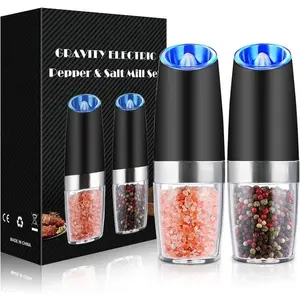 2 Pack Gravity Electric Pepper and Salt Grinder Set, Adjustable Coarseness, Battery Powered with LED Light, One Hand Automatic Operation, Stainless Steel Black, Kitchen Seasoning