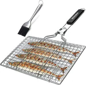 Fish Grilling Basket, Folding Portable Stainless Steel BBQ grills Basket for Fish Vegetables Shrimp with Removable Handle, Come with bbq brush and Storage Bag Barbecue