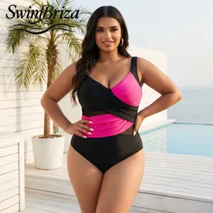 Briza｜Women's Plus Size Wrap Front One Piece Swimsuit Black Hot Pink Colorblock Tummy Control Bathing Suit Shapewear Swimwear for Poolside Vacation Beach Summer, Women's Swimwear, Bathing Suit for Women, Beach Pool Summer Vacation