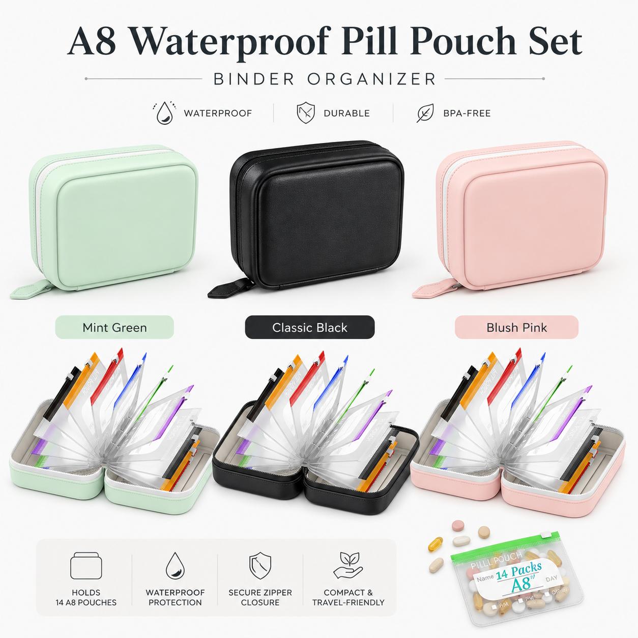 A8 Waterproof Pill Pouch Set - Large Weekly Medicine Org. with 14 6.3x4.7" PU+Clear Reusable Zippered Pouches, Daily Travel Storage for Fish Oils, Vitamins (Home Organizer Bag)