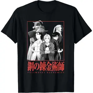 Fullmetal Alchemist: Brotherhood Group Pose Kanji Anime T-Shirt, Vintage Acid Wash Oversized Crewneck Graphic Tee, Casual Manga Streetwear Loose Fit Tops for Anime Fans Men Women