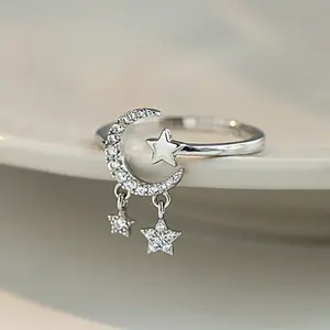 New Korean Zircon Star Moon Tassel Rings For Women Silver Color Minimalist Leaves Feather Adjustable Finger Ring Jewelry