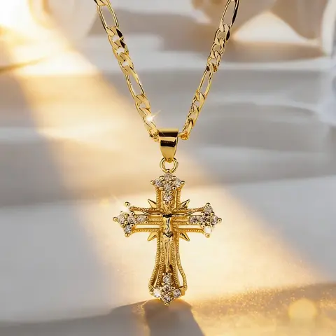 14K Gold-Plated Jesus Cross Pendant Necklace with Sparkling Cubic Zirconia Accents Elegant Christian Religious Jewelry for Thanksgiving Graduation Gifts & Daily Wear