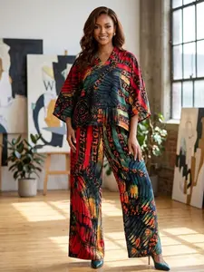 WENRY Women's 2-Piece Abstract Print Wide Leg Pant Set, Womenswear Clothing Set
