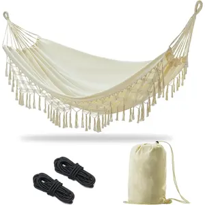 Boho Macrame Double Hammock with Hanging Ropes & Elegant Tassels 86.6x59 Portable Cotton Hammock for Patio Backyard Porch 450LBS Weight Capacity  for Outdoor/Indoor - Beige Color