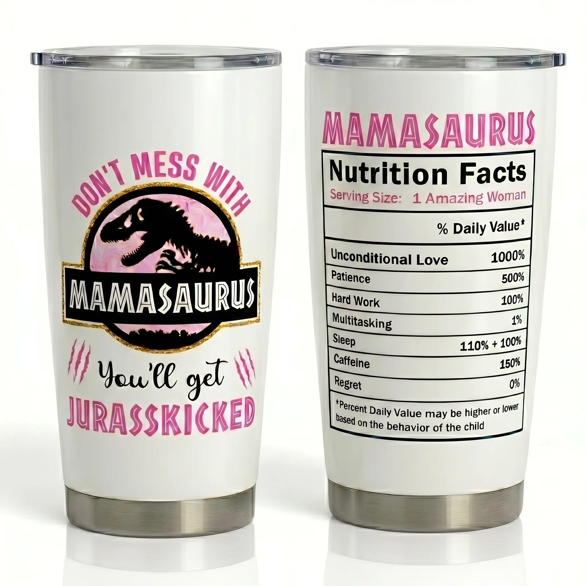 Mamasaurus 20oz Stainless Steel Insulated Vacuum Flask - Portable Beverage Travel Mug with Lid, Watercolour Stripes, Sarcastic Animal Dinosaur Nutrition Facts, Ideal Mother's Day Gift for Mom